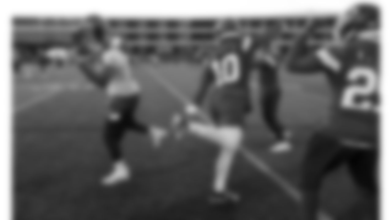 Kansas City Chiefs quarterback Patrick Mahomes (15) & running back Isiah Pacheco (10) during a Week 9 practice at the DFB campus in Frankfurt, Germany on Friday, November 3, 2023.