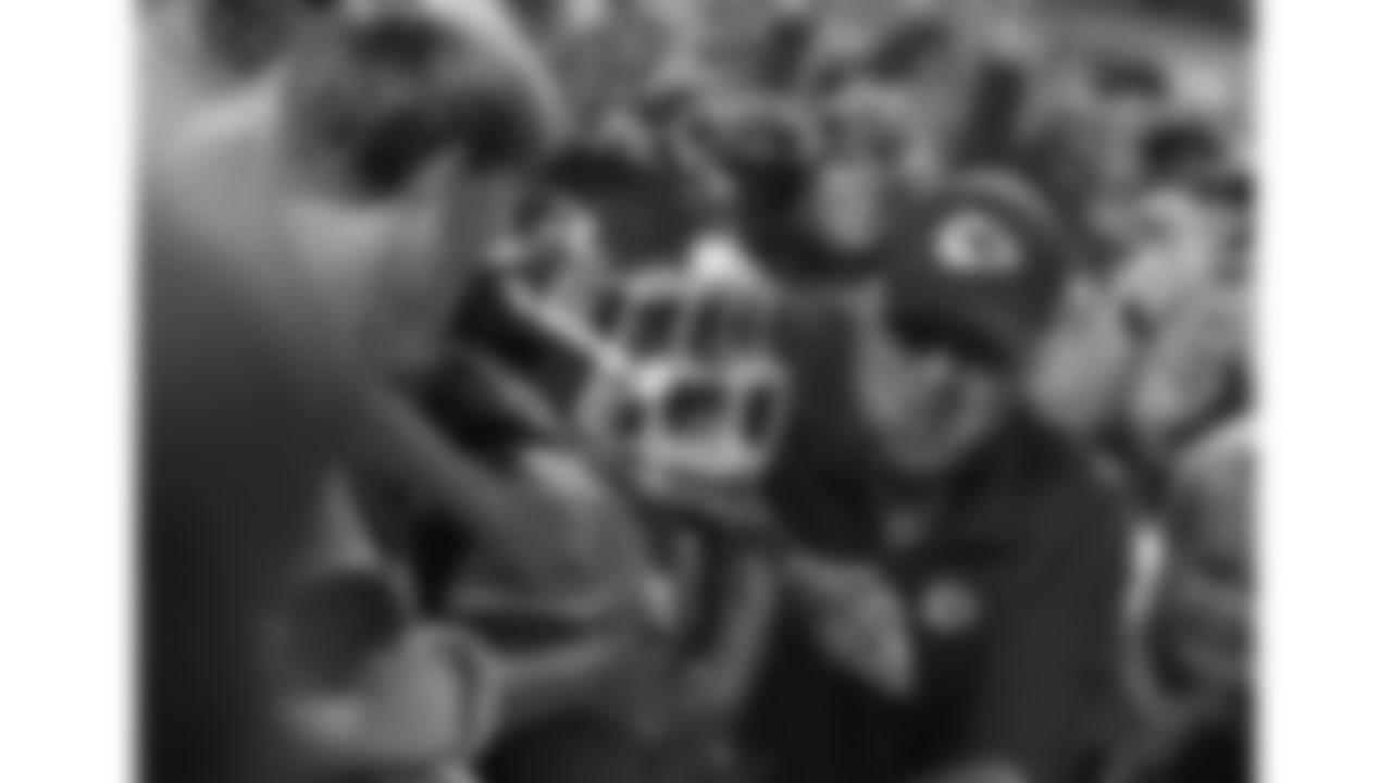 Kansas City Chiefs wide receiver Hollywood Brown (5) jumps into the stands after scoring a touchdown during the week 6 NFL football game against the Detroit Lions, Sunday, October 12, 2025 in Kansas City, MO.