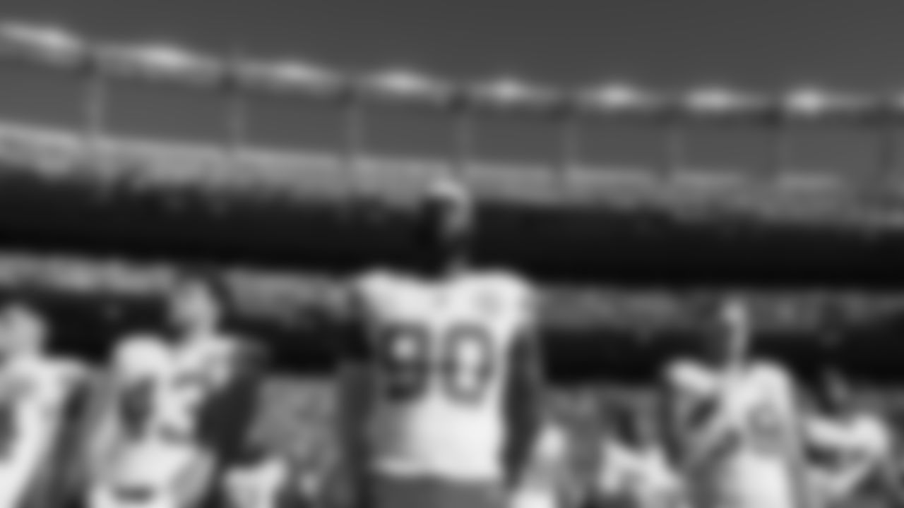 Kansas City Chiefs defensive end Charles Omenihu (90) during the National Anthem prior to a week 11 NFL Football game against the Denver Broncos on Sunday, November 16, 2025 in Denver, Colorado.