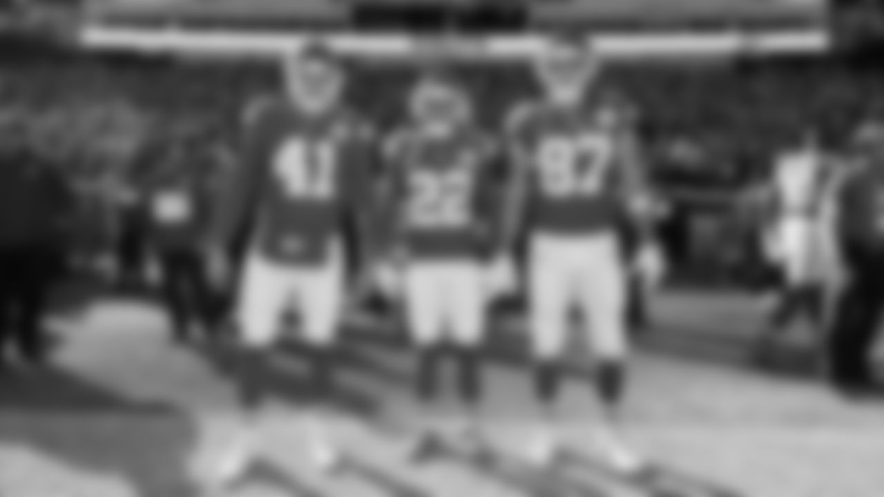 Captains for the game - long snapper James Winchester (41), cornerback Trent McDuffie (22), and Kansas City Chiefs tight end Travis Kelce (87) prior to a week 12 NFL Football game against the Indianapolis Colts on Sunday, November 23, 2025 in Kansas City, MO