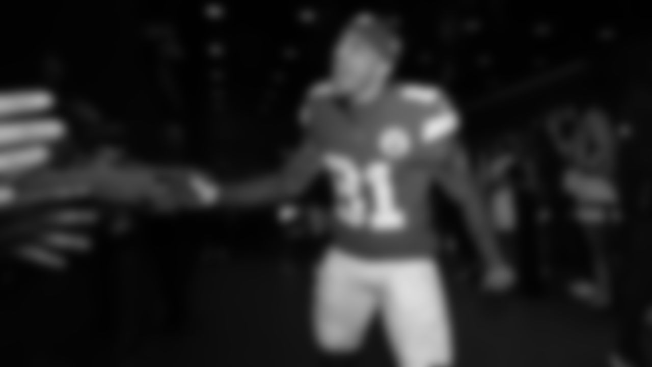 Kansas City Chiefs wide receiver Nikko Remigio (81) celebrates with fans after a week 6 NFL Football game against the Detroit Lions on Sunday, October 12, 2025 in Kansas City, MO.