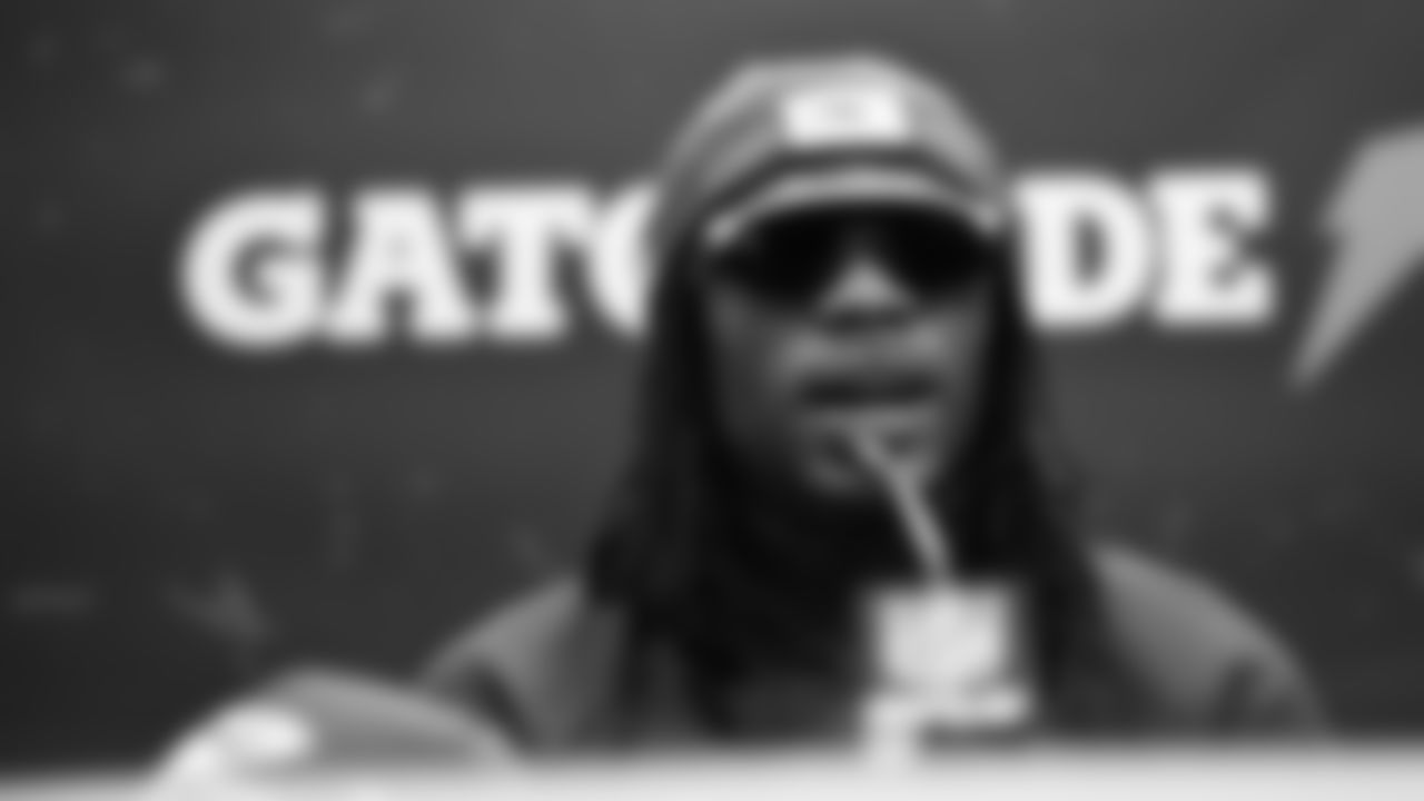 Kansas City Chiefs wide receiver Rashee Rice (4) answers questions from the media during Super Bowl LVIII Opening Night at Allegiant Stadium in Las Vegas, NV, on February 5, 2024.