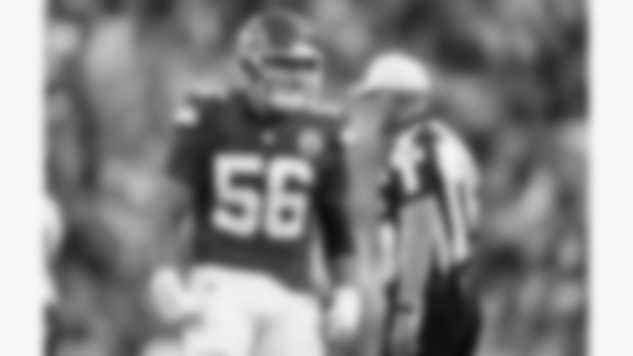 Kansas City Chiefs defensive end George Karlaftis (56) celebrates during the week 4 NFL football game against the Baltimore Ravens, Sunday, September 28, 2025 in Kansas City, MO.