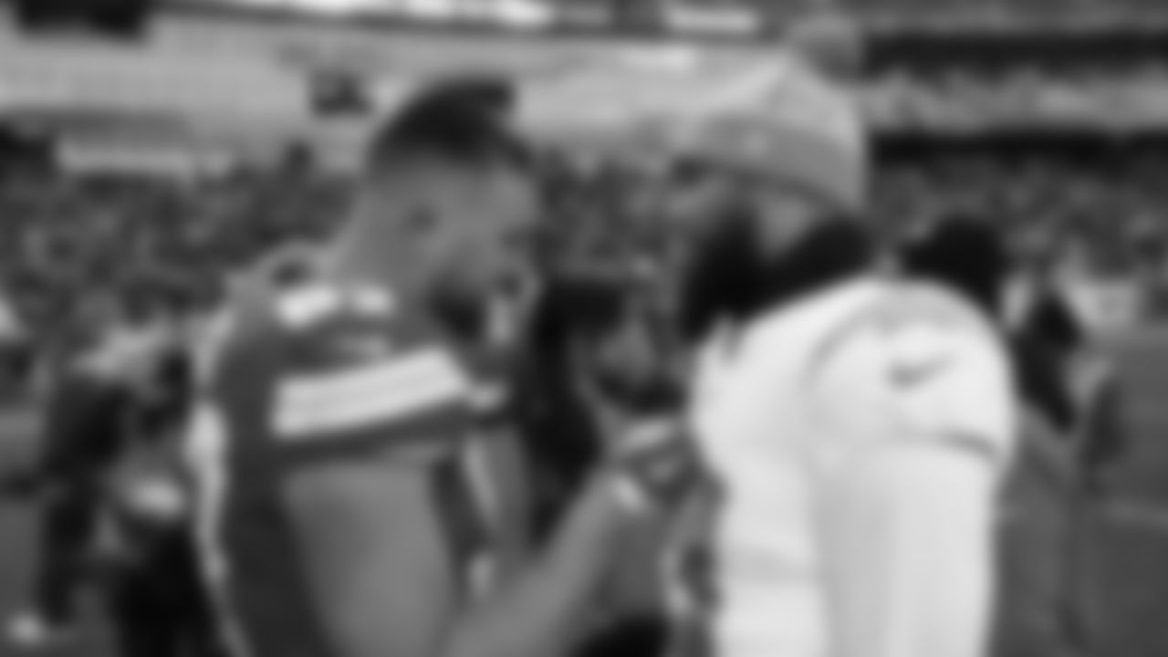 Kansas City Chiefs tight end Travis Kelce (87) San Diego Chargers wide receiver Keenan Allen (13) after an NFL week 15 matchup against the Los Angeles Chargers, Sunday December 14, 2025.