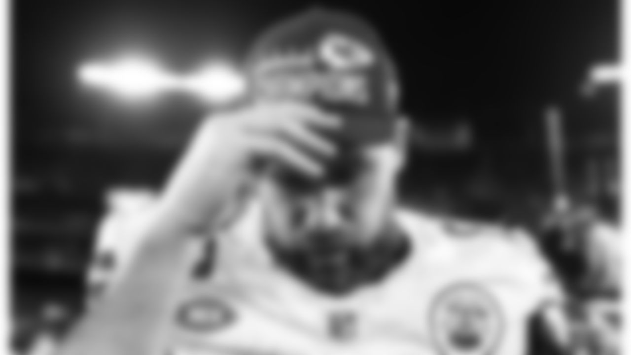 Kansas City Chiefs tight end Travis Kelce (87) puts on the AFC Champions hat following the AFC Championship Game against the Baltimore Ravens on Sunday, January 28, 2024 in Baltimore, MD.