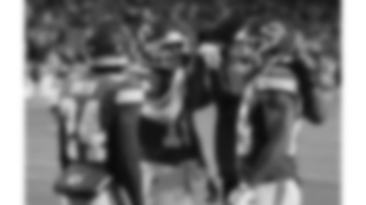 Kansas City Chiefs running backs huddle prior to a week 14 NFL football game against the Houston Texans, Sunday, December 7, 2025 in Kansas City, MO.