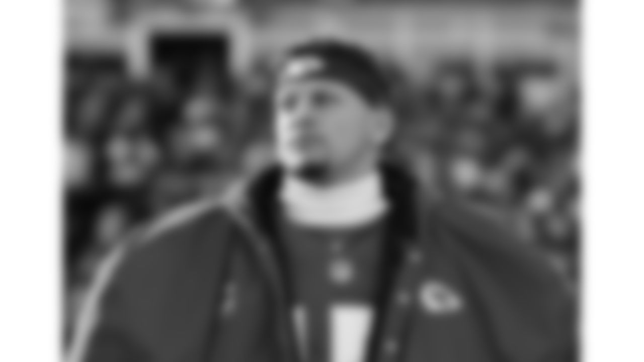 Kansas City Chiefs quarterback Patrick Mahomes (15) looks on during the National Anthem prior to a week 15 NFL football game against the Los Angeles Chargers, Sunday, December 14, 2025 in Kansas City, MO.