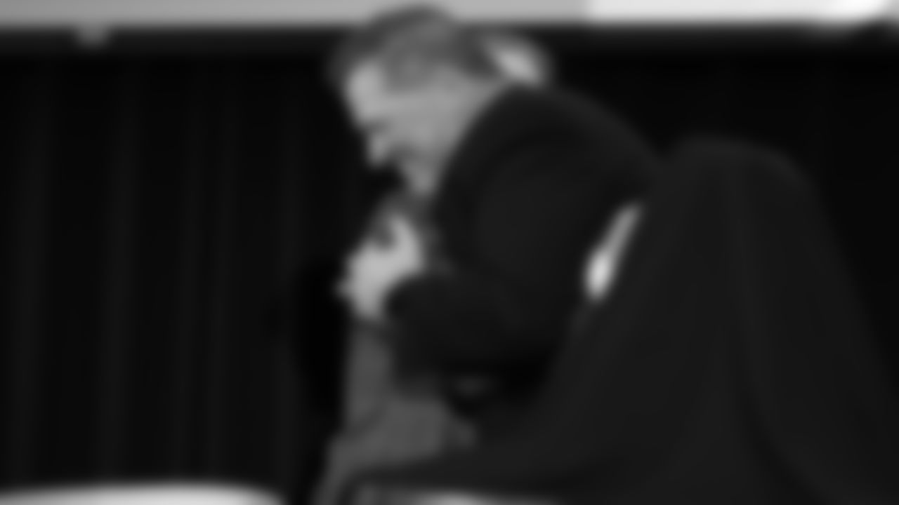 Bill Maas hugs Kansas City Chiefs Chairman, CEO, and Owner Clark Hunt during the Hall of Fame ceremony prior to an NFL week 14 matchup against the Houston Texans, Sunday December 7, 2025.