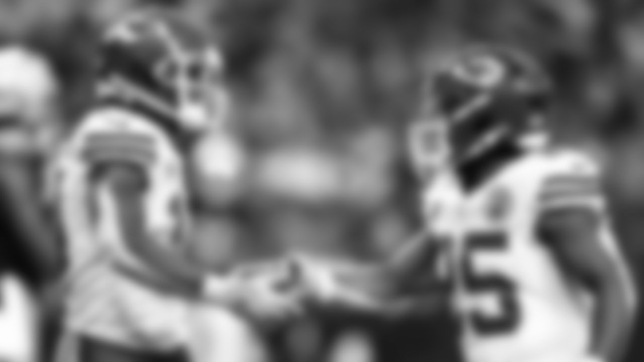 Kansas City Chiefs running back Isiah Pacheco (10) and running back Clyde Edwards-Helaire (25) shake hands during the regular season Week 12 NFL Football Game at Allegiant Stadium in Las Vegas, NV on Sunday, November 26, 2023.
