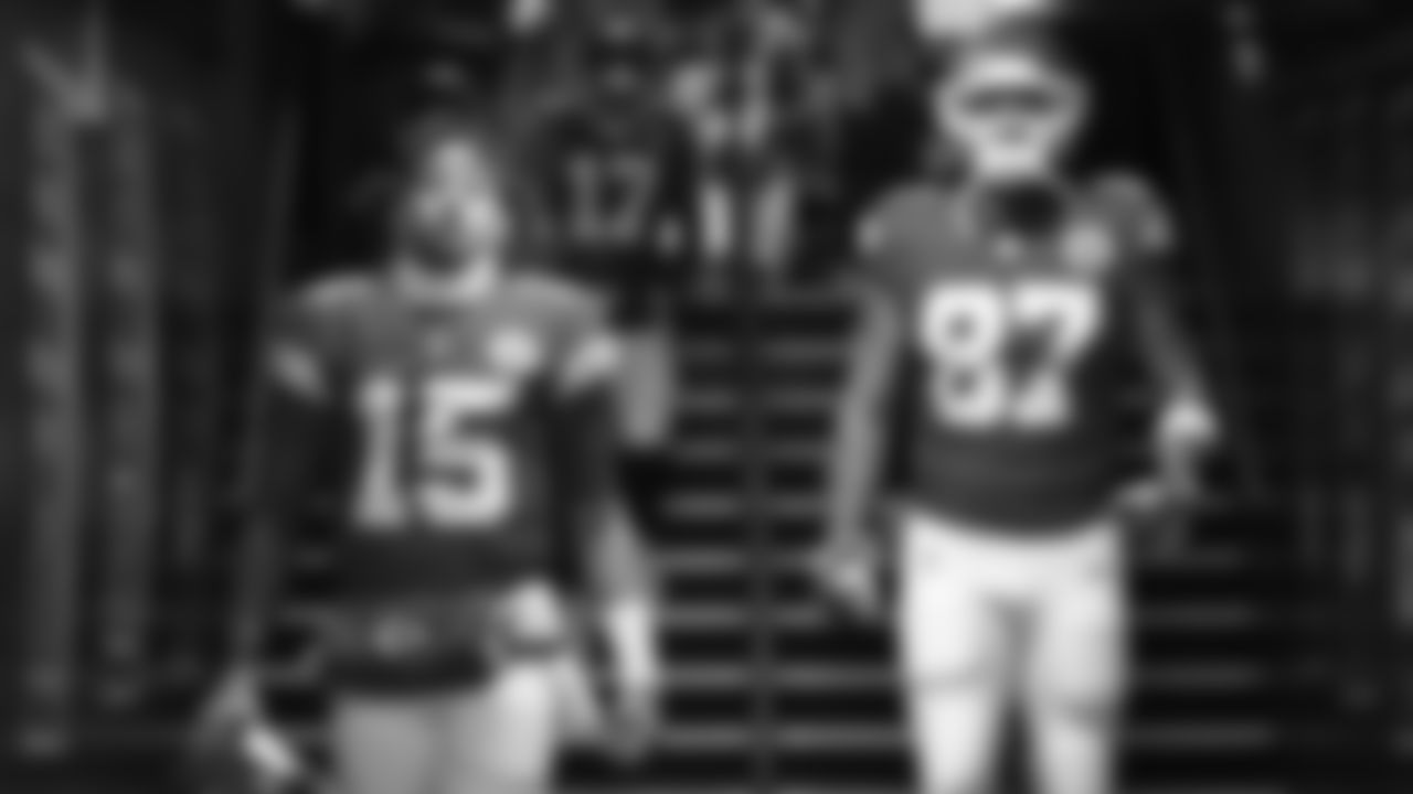 Quarterback Patrick Mahomes (15) and Kansas City Chiefs tight end Travis Kelce (87) in the fifty yard tunnel prior to an NFL week 15 matchup against the Los Angeles Chargers, Sunday December 14, 2025.