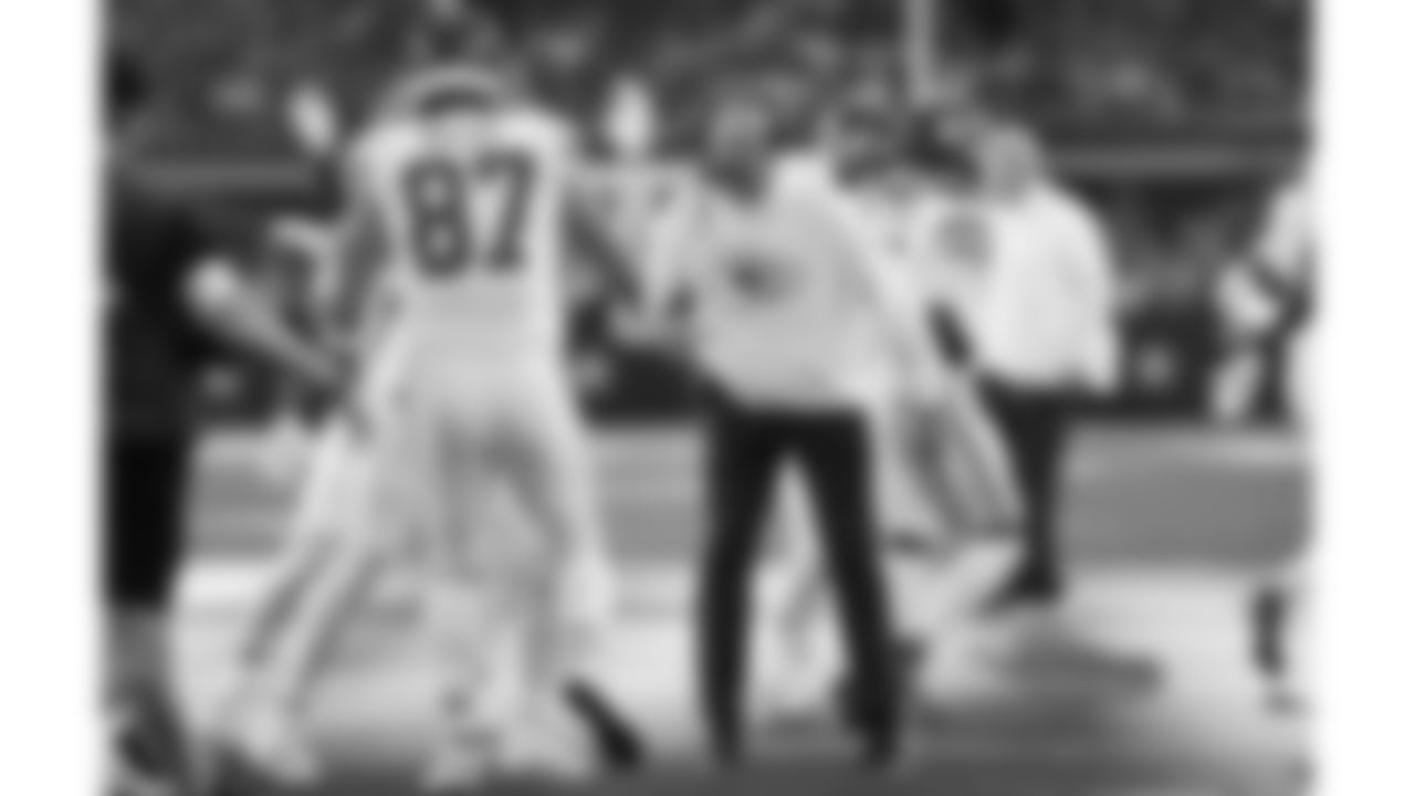 Kansas City Chiefs Offensive Coordinator Matt Nagy celebrates after a touchdown during a week 13 NFL football game against the Dallas Cowboys on Thursday, November 27, 2025 in Arlington, TX.