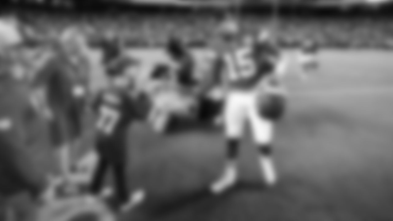 Kansas City Chiefs quarterback Patrick Mahomes (15) shakes hands with Kingdom Champion Blake Bowman Jr. prior to a week 6 NFL Football game against the Detroit Lions on Sunday, October 12, 2025 in Kansas City, MO.