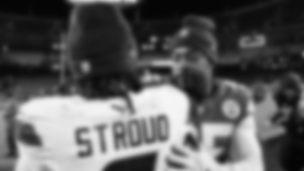 Kansas City Chiefs defensive tackle Chris Jones (95) hugs Houston Texans quarterback C.J. Stroud (7) after an NFL week 14 matchup against the Houston Texans, Sunday December 7, 2025.