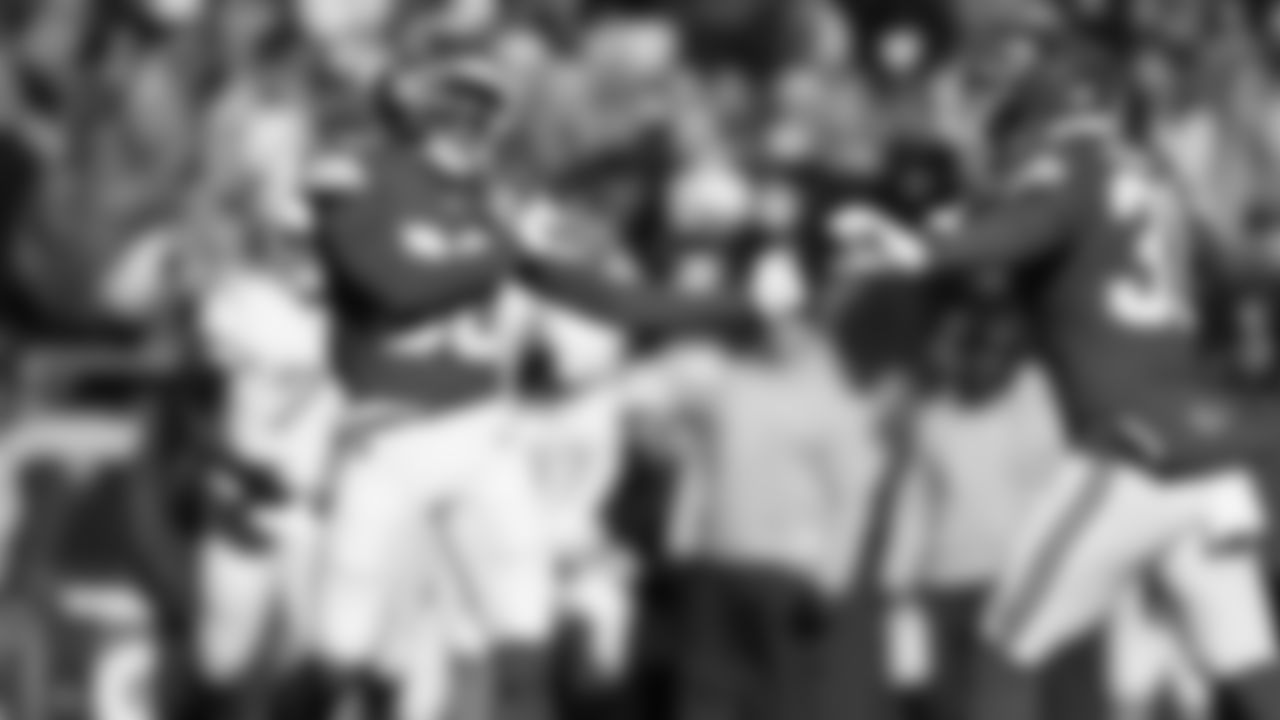 Kansas City Chiefs defensive back Kevin Knowles (38) celebrates with Kansas City Chiefs linebacker Jeffrey Bassa (31) during an NFL week 15 matchup against the Los Angeles Chargers, Sunday December 14, 2025.