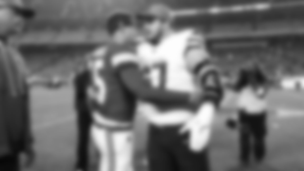 Kansas City Chiefs quarterback Patrick Mahomes (15) gives Washington CommandersNick Allegretti (67) a hug after a week 8 NFL Football game against the Washington Commanders on Monday, October 27, 2025 in Kansas City, MO.