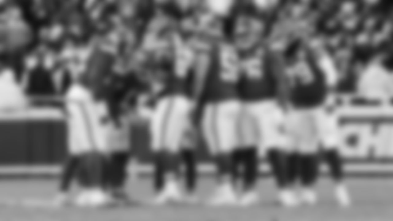 Kansas City Chiefs offense huddles on the field during a week 15 NFL football game against the Los Angeles Chargers, Sunday, December 14, 2025 in Kansas City, MO.