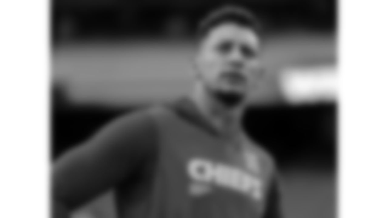 Kansas City Chiefs quarterback Patrick Mahomes (15) looks on during warm ups prior to a week 6 NFL football game against the Detroit Lions, Sunday, October 12, 2025 in Kansas City, MO.