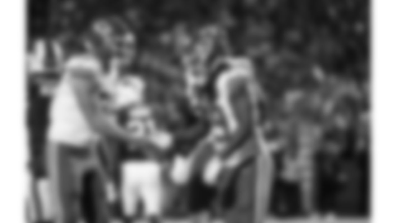 Kansas City Chiefs tight end Travis Kelce (87) and Kansas City Chiefs running back Kareem Hunt (29) celebrates after a touchdown during a week 9 NFL football game against the Buffalo Bills, Sunday, November 2, 2025 in Buffalo, NY