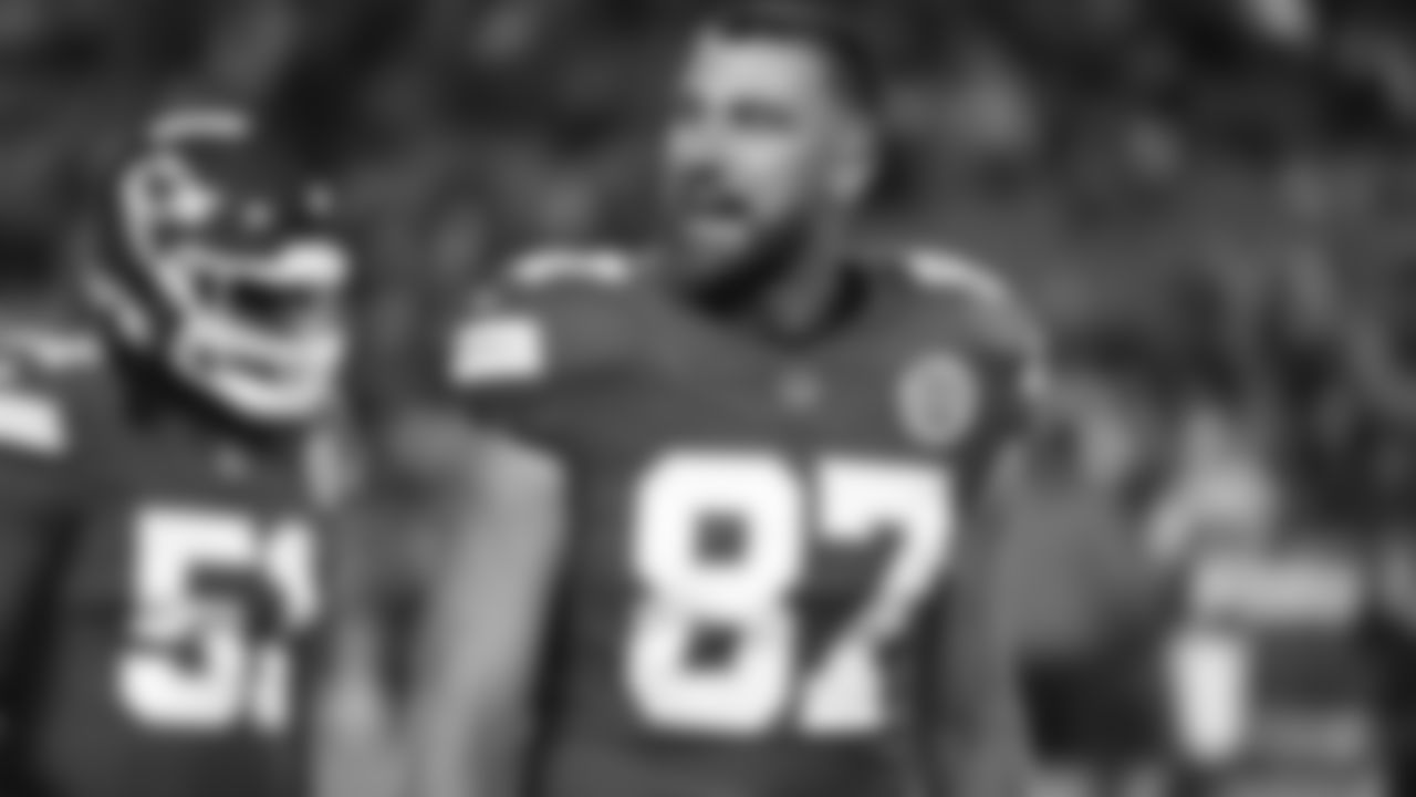 Kansas City Chiefs tight end Travis Kelce (87) looks on prior to an NFL week 14 matchup against the Houston Texans, Sunday December 7, 2025.