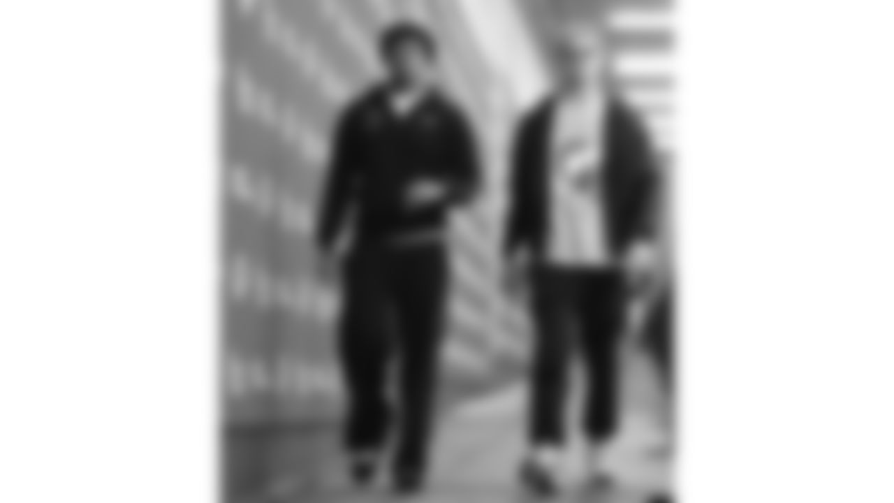 Tight end Tre Watson (49) and Kansas City Chiefs tight end Jake Briningstool (88) arrives prior to an NFL week 17 matchup against the Denver Broncos, Thursday, December 25, 2025.