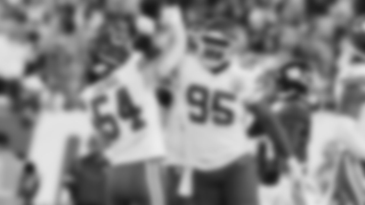 Kansas City Chiefs linebacker Leo Chenal (54) and defensive tackle Chris Jones (95) celebrate a sack during the week 3 NFL football game against the New York Giants, Sunday, September 21, 2025 in East Rutherford, NJ.