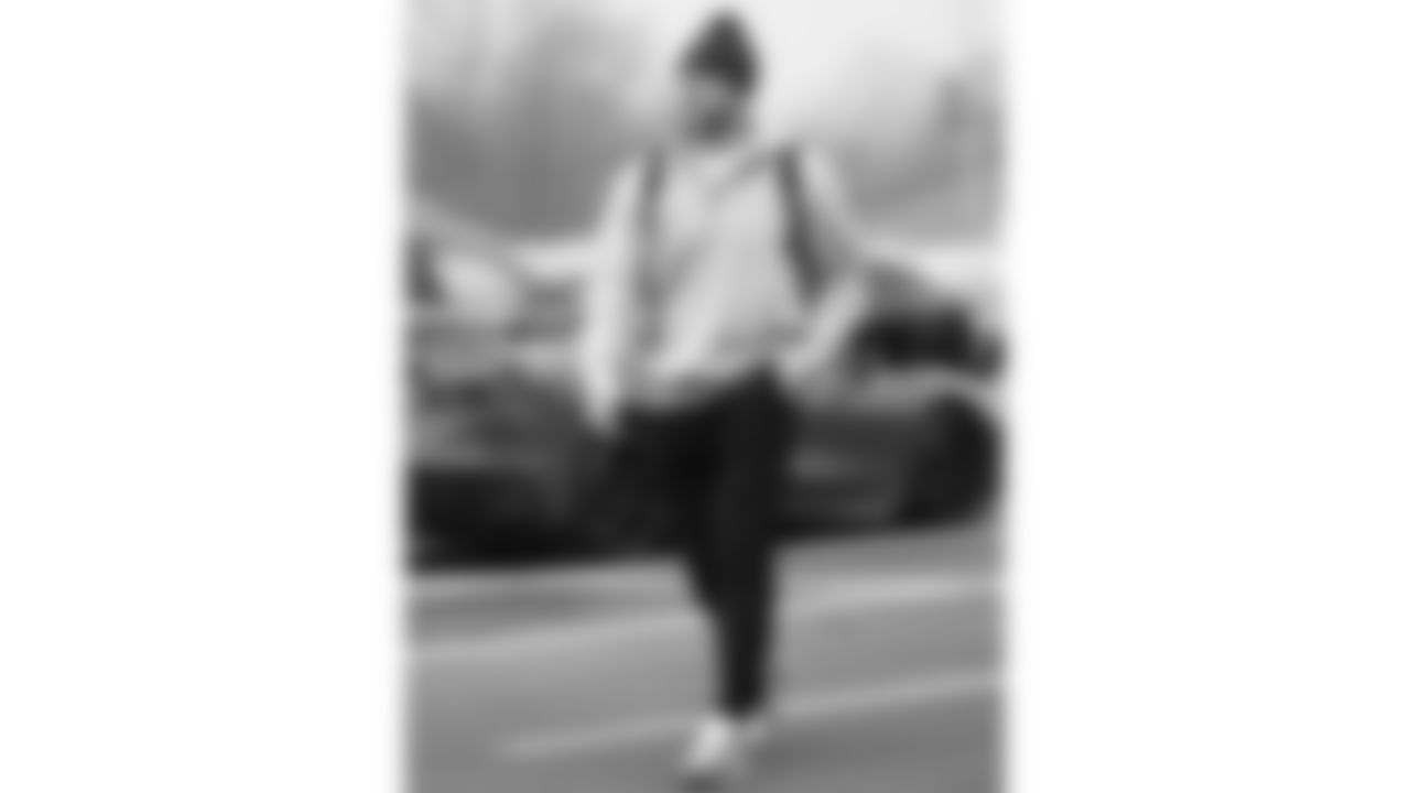 Kansas City Chiefs linebacker Jack Cochrane (43) arrives prior to a week 12 NFL Football game against the Indianapolis Colts on Sunday, November 23, 2025 in Kansas City, MO