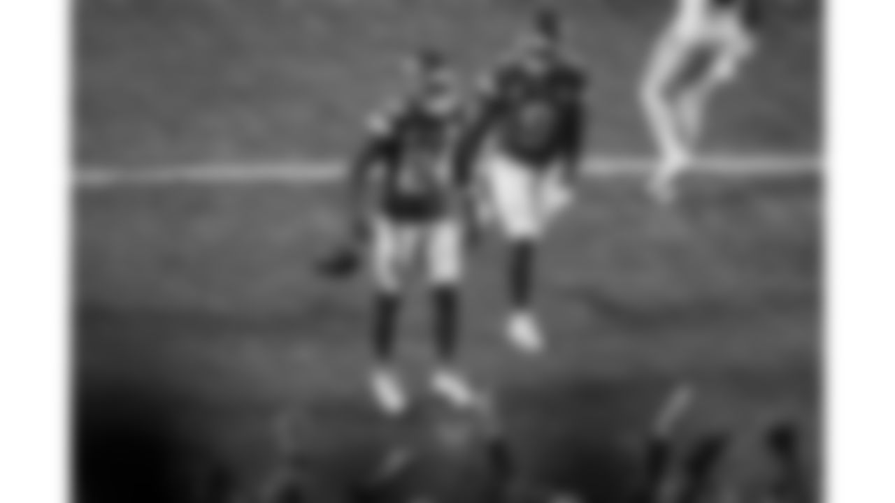 Kansas City Chiefs running back Brashard Smith (24) celebrates in the end zone with wide receiver JuJu Smith-Schuster (9) during a week 17 NFL football game against the Denver Broncos, Thursday, December 25, 2025 in Kansas City, MO.