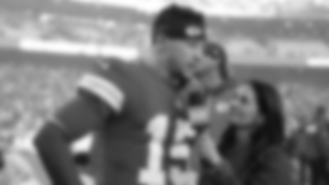 Kansas City Chiefs quarterback Patrick Mahomes (15) talks with CBS reporter after a week 12 NFL Football game against the Indianapolis Colts on Sunday, November 23, 2025 in Kansas City, MO