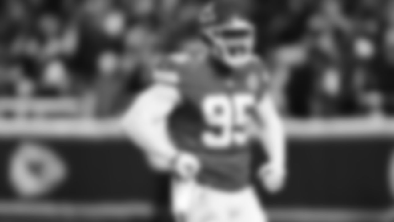 Kansas City Chiefs defensive tackle Chris Jones (95) celebrates during an NFL week 14 matchup against the Houston Texans, Sunday December 7, 2025.