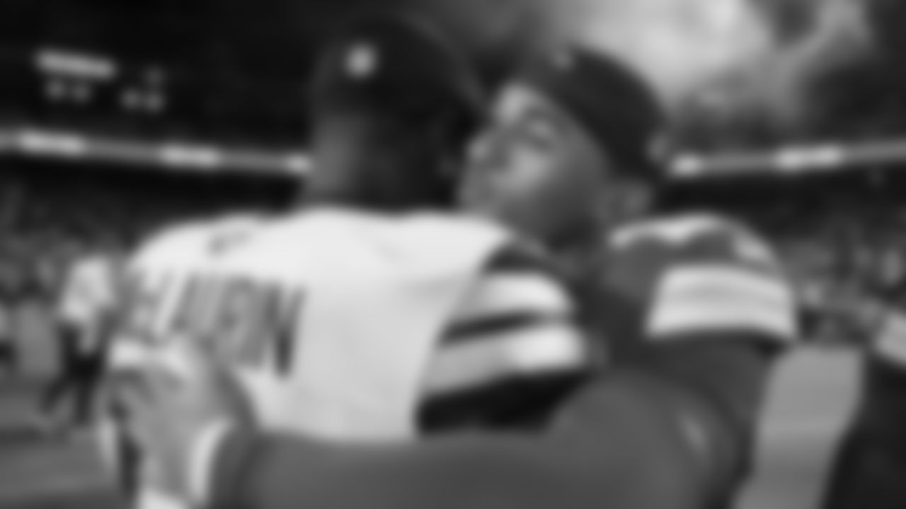 Kansas City Chiefs cornerback Trent McDuffie (22) hugs Washington Commander wide receiver Terry McLaurin (17) after a week 8 NFL Football game against the Washington Commanders on Monday, October 27, 2025 in Kansas City, MO.