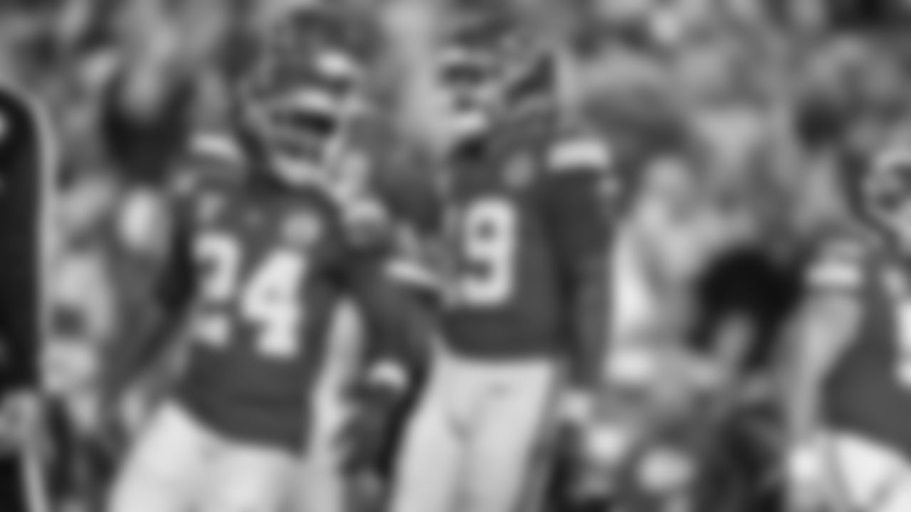 Kansas City Chiefs running back Brashard Smith (24) celebrates his touchdown during an NFL week 17 matchup against the Denver Broncos, Thursday, December 25, 2025.