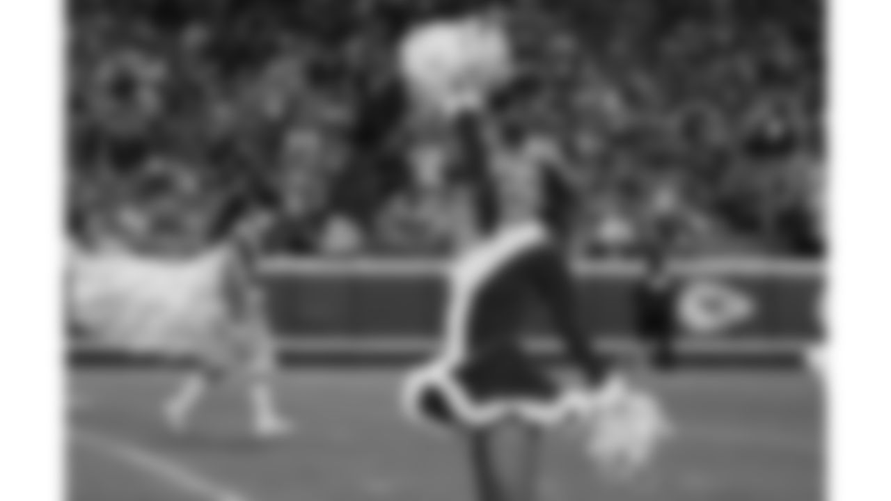 The Kansas City Chiefs Cheerleaders and Entertainment teams during a week 17 NFL Football game against the Denver Broncos on December 25, 2025 in Kansas City, MO.