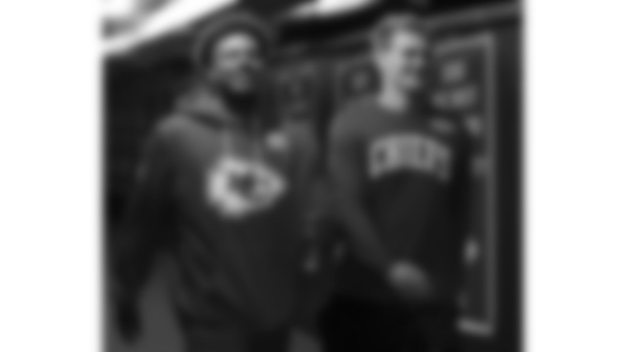 Kansas City Chiefs tight end Tre Watson (49) and tight end Jake Briningstool (88) walk down the 50-yard tunnel prior to a week 7 NFL football game against the Las Vegas Raiders, Sunday, October 19, 2025 in Kansas City, MO.