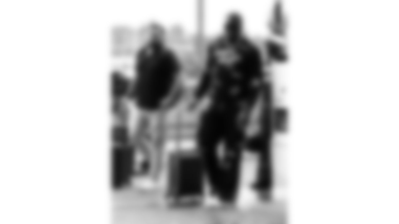 Kansas City Chiefs tackle Chukwuebuka Godrick (72) and offensive lineman Michael Caliendo (66) arrive at Lumen Field prior to a preseason week 2 NFL football game against the Seattle Seahawks, Friday, August 15, 2025 in Seattle, WA.
