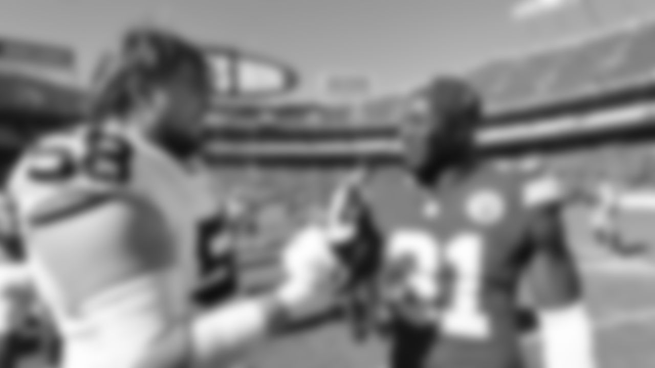Kansas City Chiefs linebacker Jeffrey Bassa (31) talks with Las Vegas Raiders center Jackson Powers-Johnson (58) after a week 7 NFL Football game against the Las Vegas Raiders on Sunday, October 19, 2025 in Kansas City, MO.