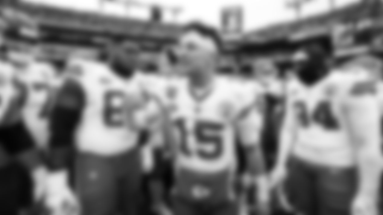 Kansas City Chiefs quarterback Patrick Mahomes (15) addresses the huddle prior to the AFC Championship Game against the Baltimore Ravens on Sunday, January 28, 2024 in Baltimore.