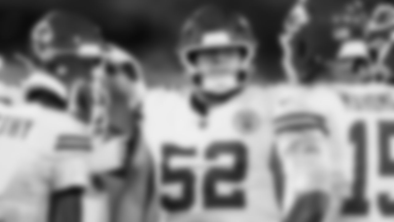 Kansas City Chiefs center Creed Humphrey (52) in the huddle during a week 5 NFL football game against the Jacksonville Jaguars, Monday, October 6, 2025, in Jacksonville, FL.