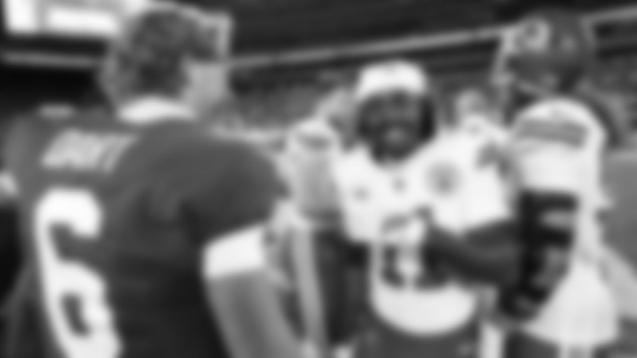 Kansas City Chiefs wide receiver Jalen Royals (11) and New York Giants quarterback Jaxon Dart (6) after a week 3 NFL Football game against the New York Giants on Sunday, September 21, 2025 at MetLife Stadium in East Rutherford, New Jersey.