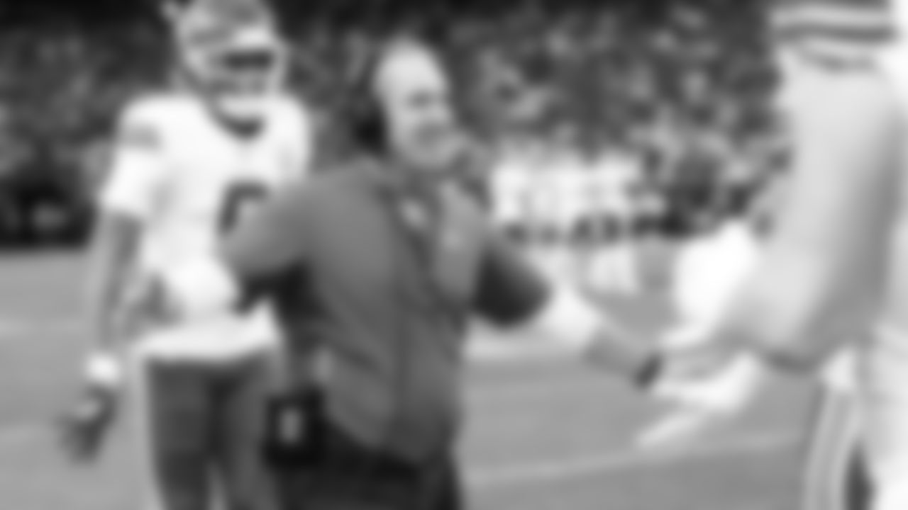 Kansas City Chiefs Defensive Coordinator Steve Spagnuolo smiles and gives high fives on the sideline during a week 18 NFL football game against the Las Vegas Raiders, Sunday, January 4, 2026 in Las Vegas, NV.
