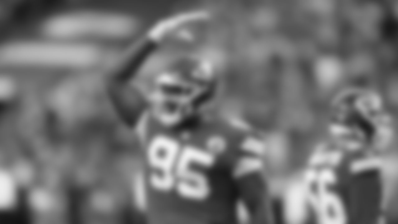 Kansas City Chiefs defensive tackle Chris Jones (95) asks the crowd for some noise during a week 12 NFL Football game against the Indianapolis Colts on Sunday, November 23, 2025 in Kansas City, MO