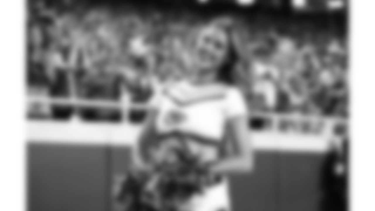 A Kansas City Chiefs Cheerleader during the week 6 NFL football game against the Detroit Lions, Sunday, October 12, 2025 in Kansas City, MO.
