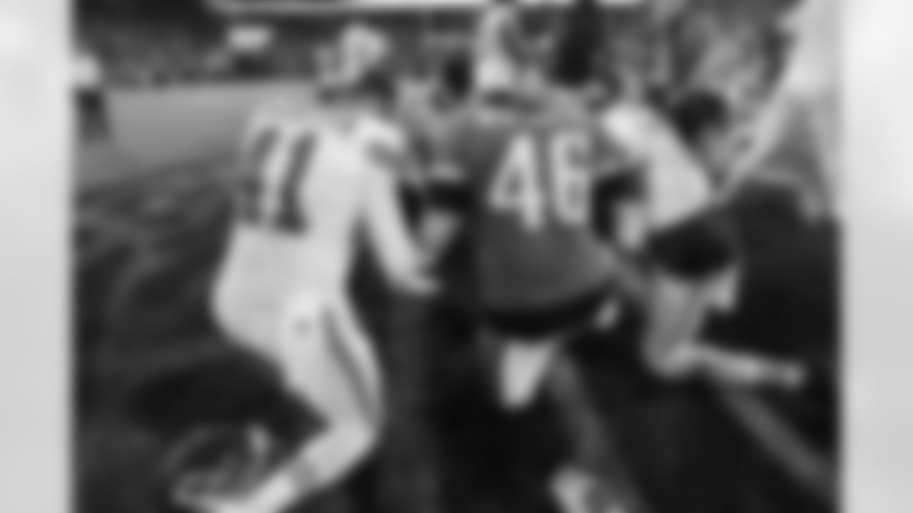 Kansas City Chiefs long snapper James Winchester (41) and Jaguars players praying after a week 5 NFL football game against the Jacksonville Jaguars, Monday, October 6, 2025, in Jacksonville, FL.