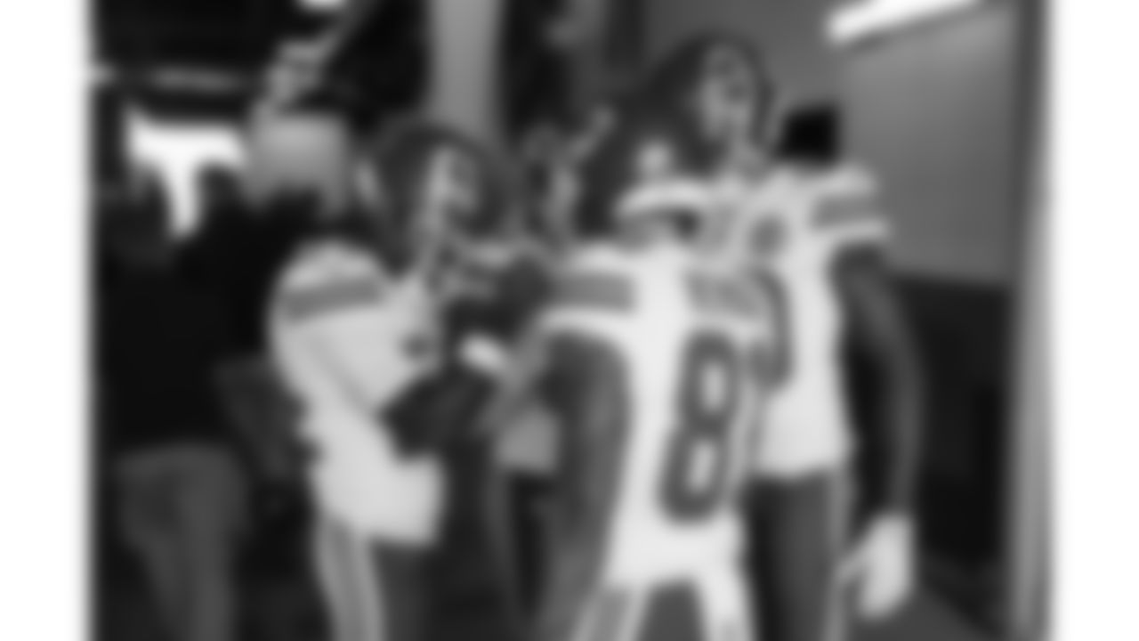 Kansas City Chiefs running backs Brashard Smith (24), Elijah Mitchell (25), wide receivers Nikko Remigio (81) and Tyquan Thornton (80) prior to a week 11 NFL Football game against the Denver Broncos on Sunday, November 16, 2025 in Denver, Colorado.