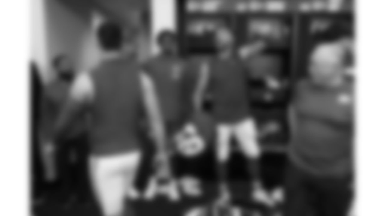 Kansas City Chiefs tight end Travis Kelce (87) reacts in the locker room after winning the week 4 NFL football game against the Baltimore Ravens, Sunday, September 28, 2025 in Kansas City, MO.