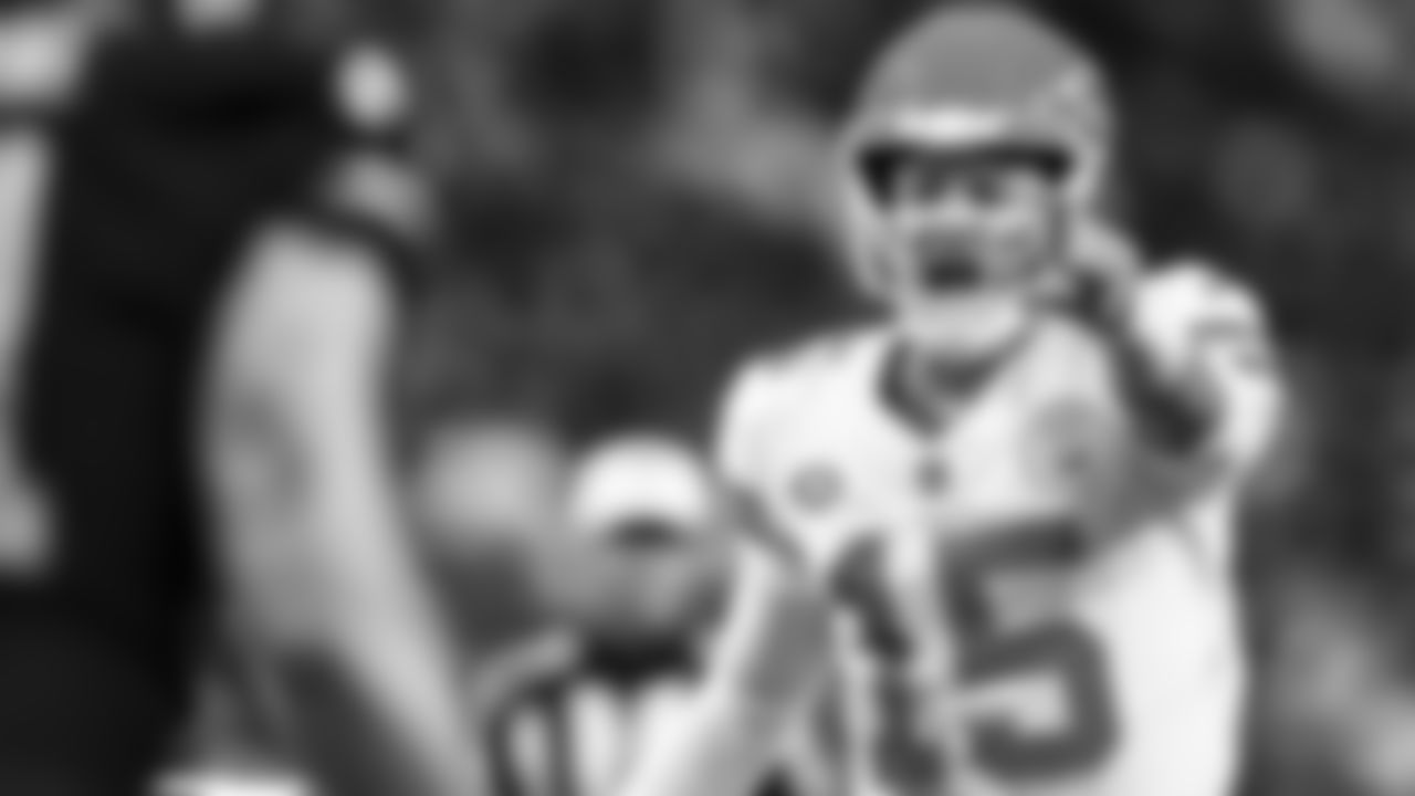 Kansas City Chiefs quarterback Patrick Mahomes (15) yells during the regular season Week 12 NFL Football Game at Allegiant Stadium in Las Vegas, NV on Sunday, November 26, 2023.