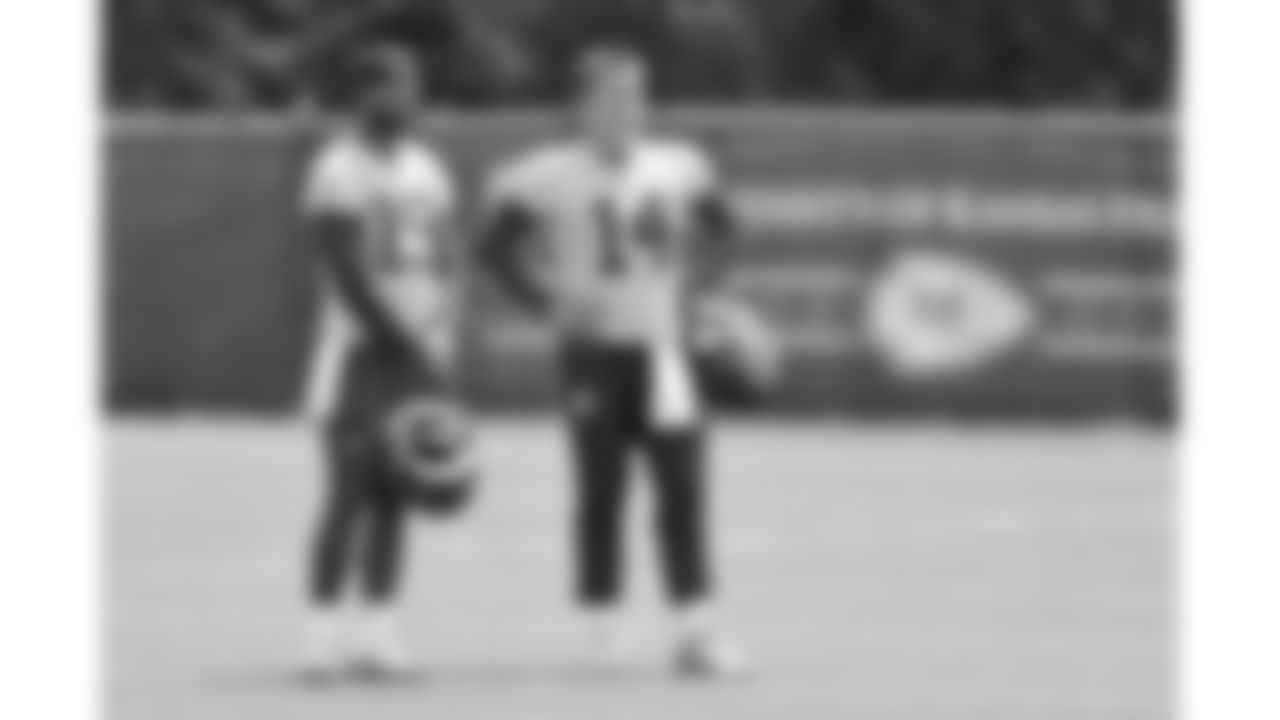 Kansas City Chiefs quarterbacks Chris Oladokun (19) and Bailey Zappe (14) at practice during phase 3 of OTAs on Tuesday, June 10, 2025 in Kansas City, MO.
