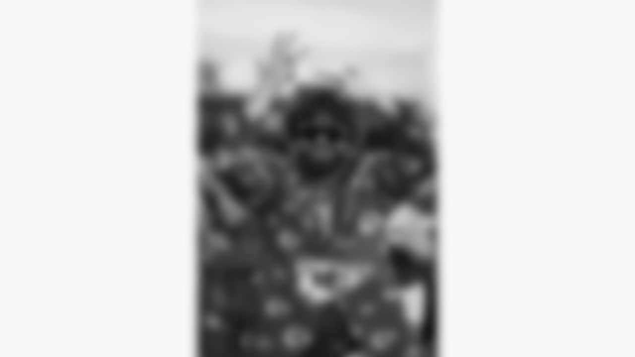 A Kansas City Chiefs fan poses prior to the week 6 NFL football game against the Detroit Lions, Sunday, October 12, 2025 in Kansas City, MO.