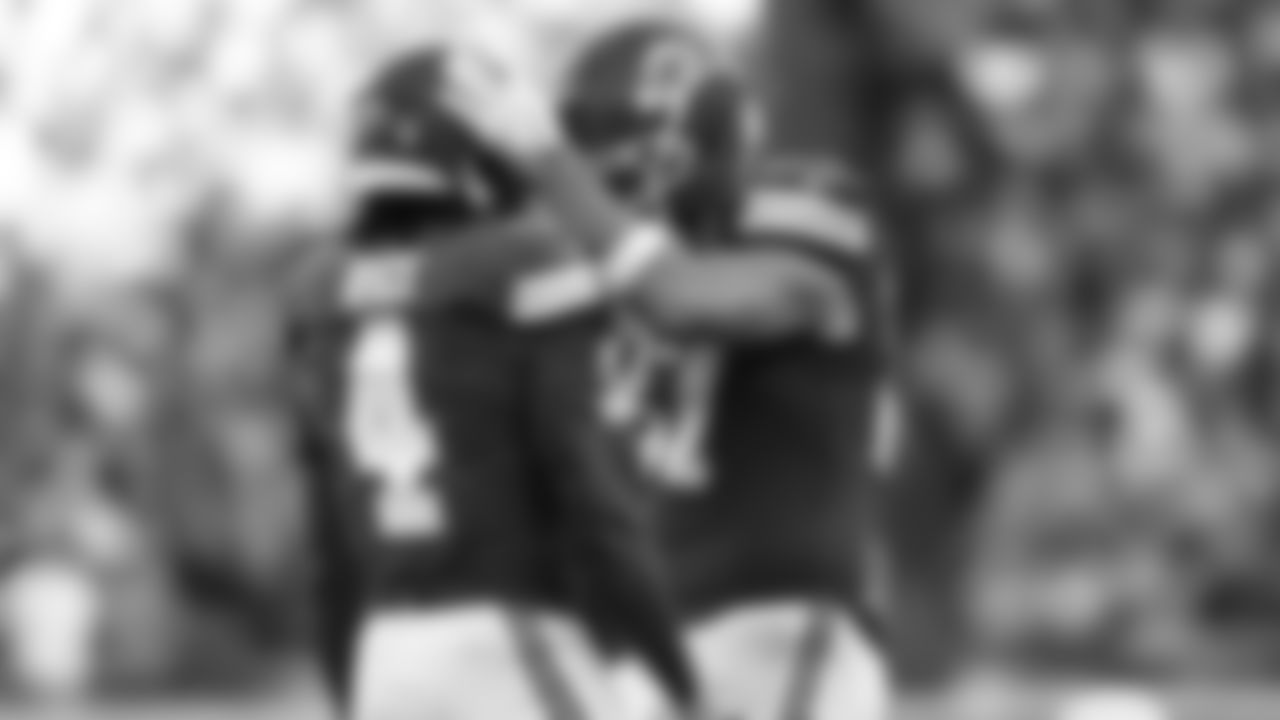 Tight end Travis Kelce (87) celebrates with Kansas City Chiefs wide receiver Rashee Rice (4) during a week 12 NFL Football game against the Indianapolis Colts on Sunday, November 23, 2025 in Kansas City, MO