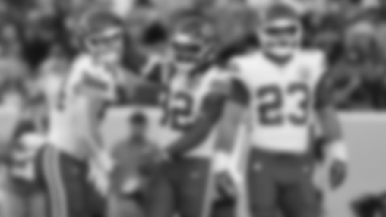 Kansas City Chiefs linebacker Leo Chenal (54) celebrates with linebacker Nick Bolton (32) and middle linebacker Drue Tranquill (23) during a week 11 NFL Football game against the Denver Broncos on Sunday, November 16, 2025 in Denver, Colorado.