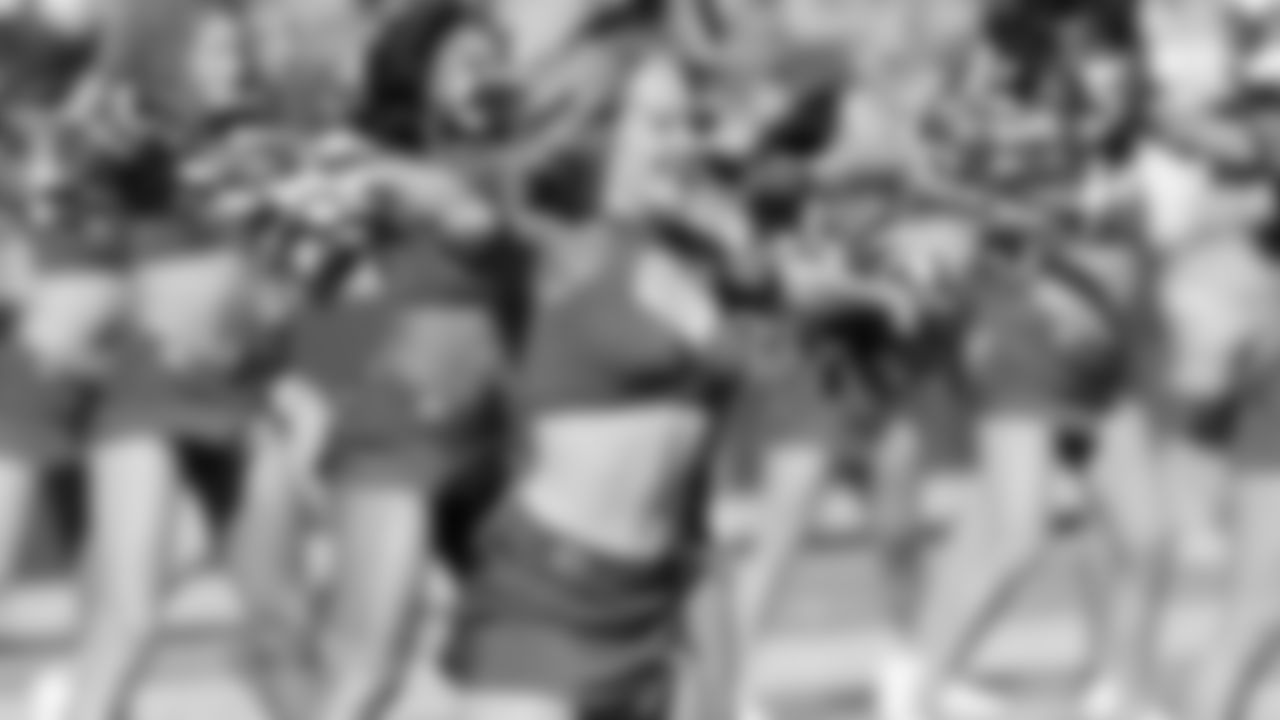 A Kansas City Chiefs Cheerleader performs during a week 7 NFL Football game against the Las Vegas Raiders on Sunday, October 19, 2025.